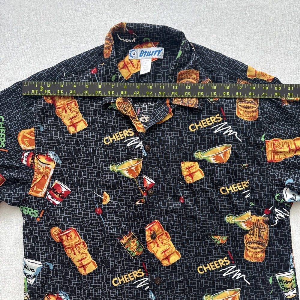 Utility Tiki Cocktail Shirt Mens Medium Black Rayon Short Sleeve Button Down - Picture 9 of 16